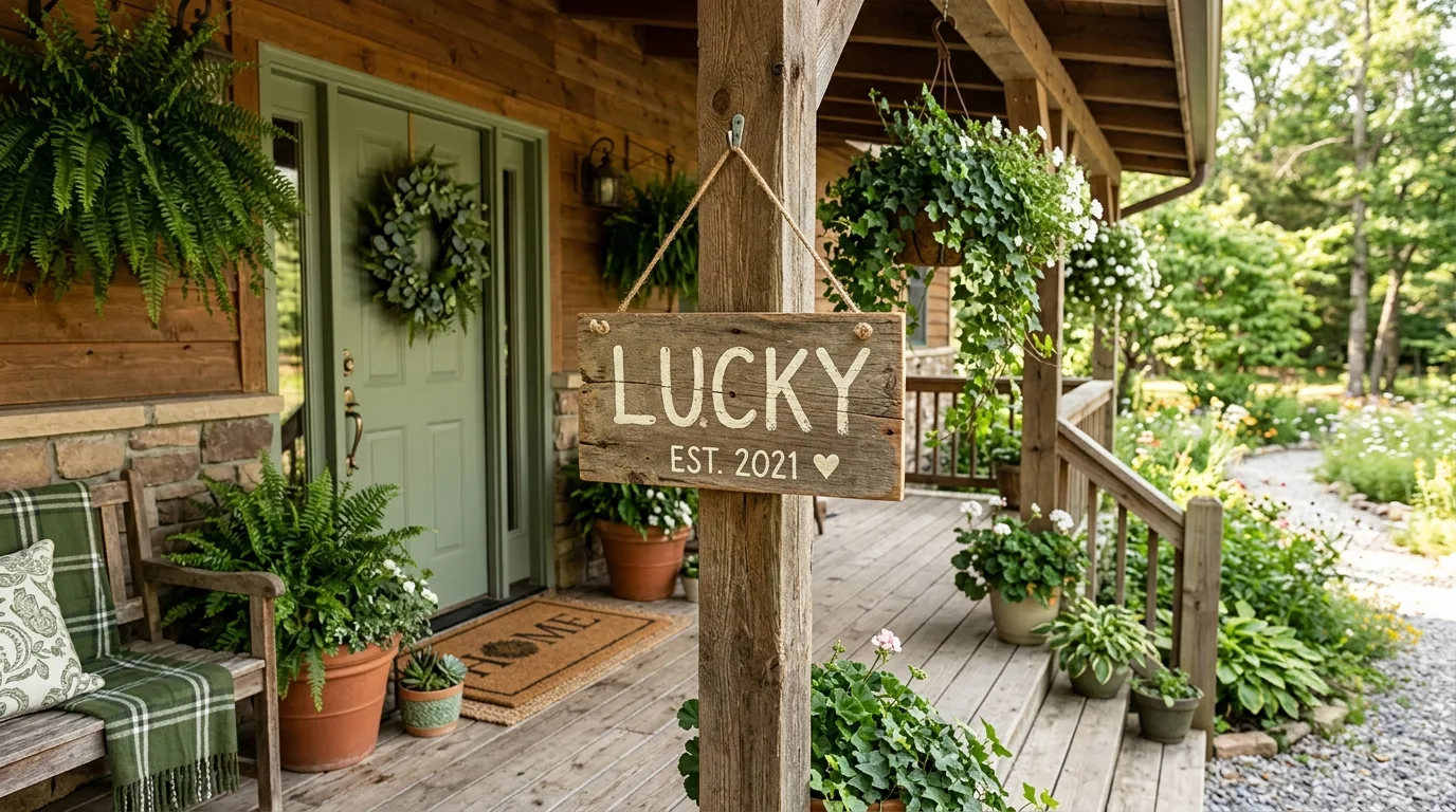 Rustic lucky sign on a decorated front porch